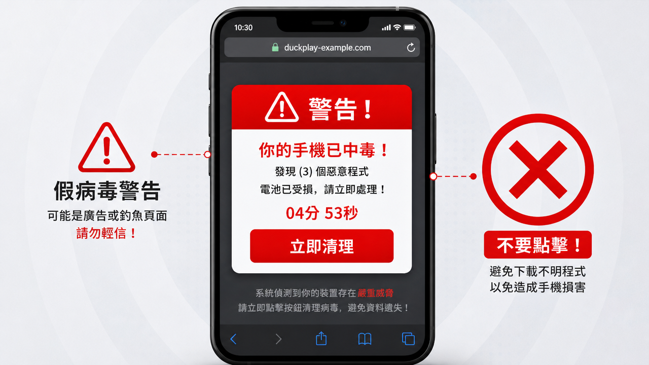 手機跳出假的中毒警告彈窗，提醒不要點擊的示意圖